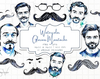 Watercolor Glorious Moustache Clipart, Watercolor Mustache Clipart, Moustache png, Mustache png, Fathers Day Clipart, Fathers Day png