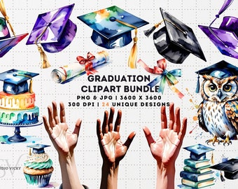 Graduation Clipart, Watercolor Graduation Clip Art, Grad cap, Diploma PNG, Grad Cap png, Clipart Graduation, School Clipart, 24 Illustration