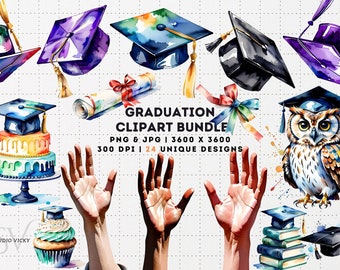 Clipart de graduación en acuarela: birrete, diploma y búho (descarga digital PNG)