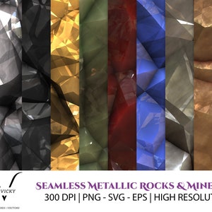 May include: A set of 10 seamless digital paper patterns featuring metallic rocks and minerals in various colours, including gold, silver, green, red, blue, brown, and purple. The patterns are high resolution and 300 DPI.