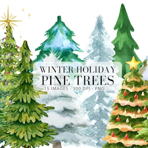 Lot de cliparts pin avec sapin de Noël PNG Motifs à feuilles persistantes pour la création Ensemble de cliparts pin aquarelle pour toutes les saisons Pin png