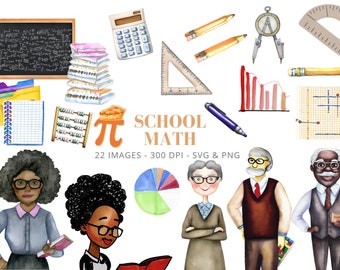 Watercolor Math Clipart: School Teachers & Math Tools (PNG Digital Download)