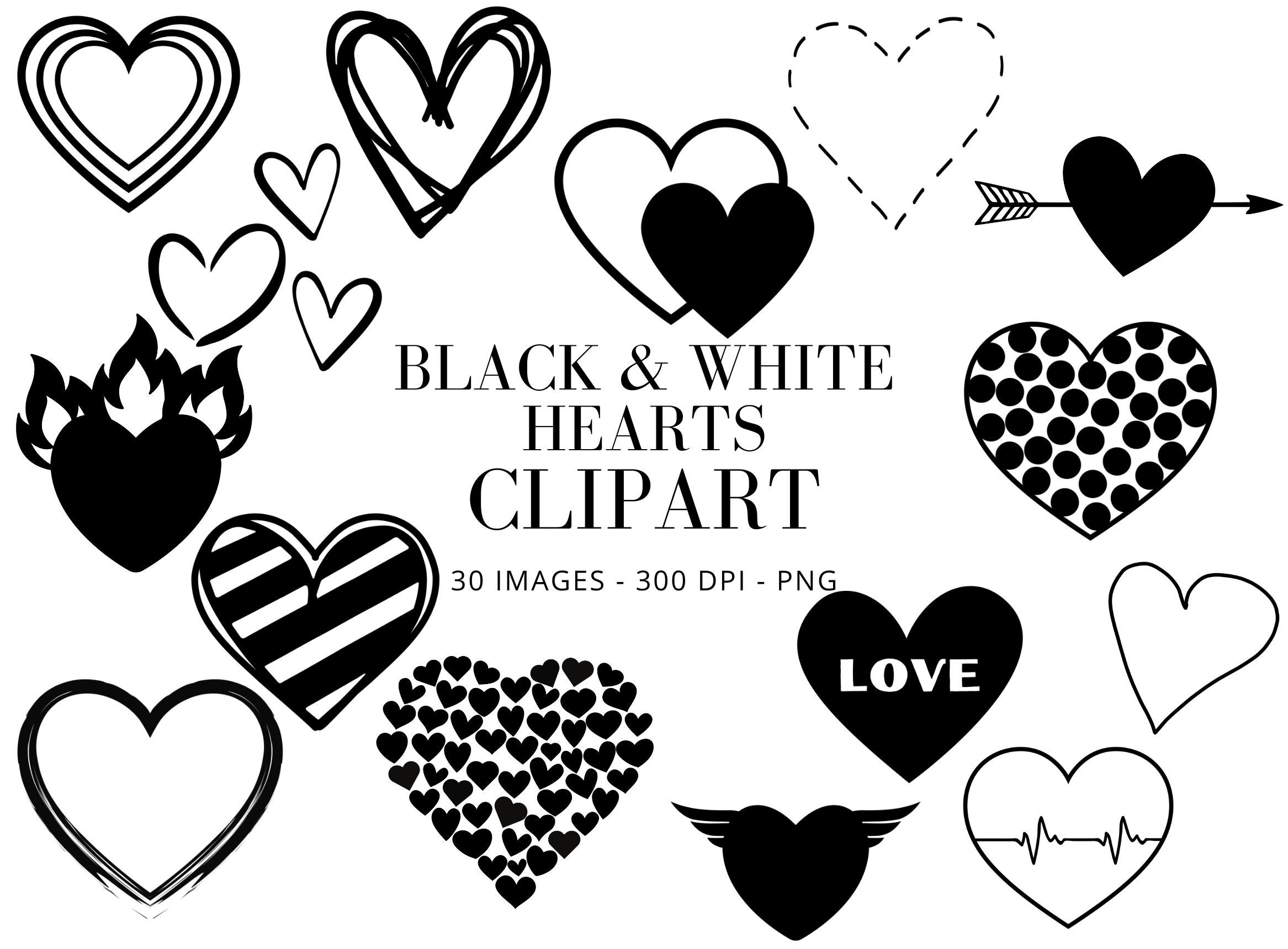 Hand Drawn Heart Clipart: Black and White PNG Bundle (digital Download ...
