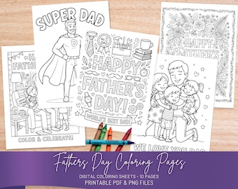 May include: A collection of black and white Father's Day coloring pages. Designs include a superhero dad, family scenes, and decorative text. The image also shows a set of colorful crayons and the text "Fathers Day Coloring Pages".