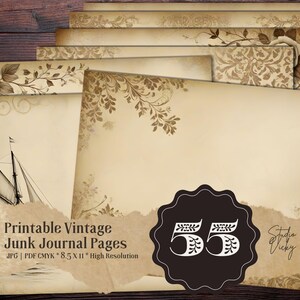 Vintage ongewenste dagboekpagina's afdrukbaar digitaal papierpakket, Studio Vicky, noodlijdend beige digitaal papier verouderd damast bloemen scrollwork kortstondige