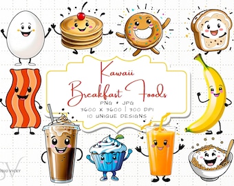 Kawaii Breakfast Clipart, Breakfast Foods Clipart, Instant Download PNG & JPG Files, Bacon png, Egg png, Cute Breakfast Art, Breakfast png
