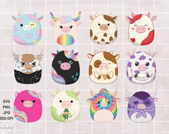 May include: A collection of twelve cartoon cow illustrations in various colors and patterns. Each cow has a unique design, including hearts, rainbows, and tie-dye. The image also includes file type information: SVG, PNG, JPG, and 300 DPI.