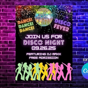 Plantilla de Canva para póster de fiesta de baile disco: edita e imprime en casa o con una impresora. Plantillas de eventos retro imprimibles para bares, clubes y folletos escolares.