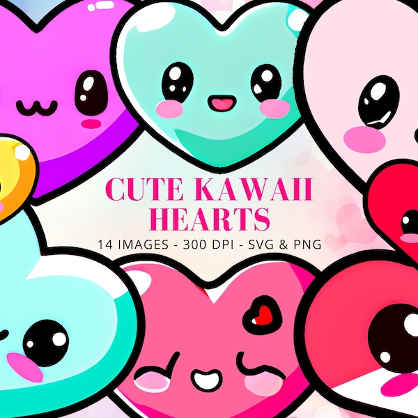 Cute Heart Icons Bundle, Hearts Clipart Bundle, Valentine Hearts PNG, Kawaii Hearts png, Emoji Hearts png, Heart PNG Designs for Crafting