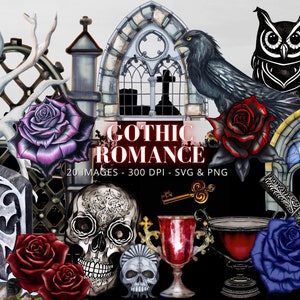 May include: Gothic Romance digital clipart set with 20 images.  Includes a skull, roses, a raven, an owl, a key, a chalice, a gothic archway, and a cross.  All images are in SVG and PNG format.