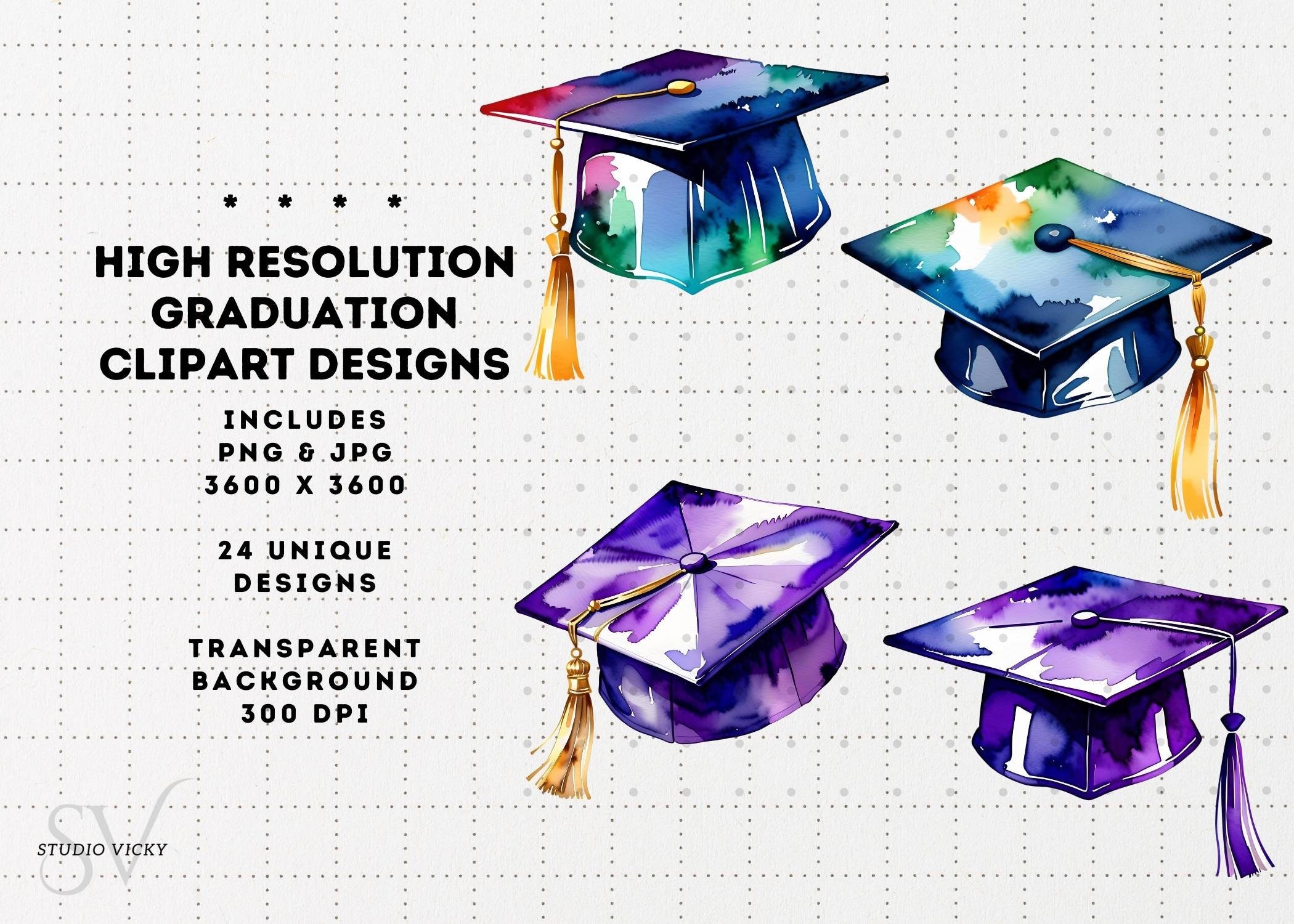 Graduation Clipart, Watercolor Graduation Clip Art, Grad Cap, Diploma PNG, Grad Cap Png, Clipart