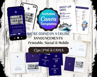 Family Cruise Announcement Canva Templates | Fold-Over Card + Mobile Invite | Countdown + Meetup + Emergency | Editable PNG