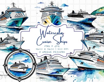 Watercolor Cruise Ship Clipart: PNG & JPG (Instant Download)