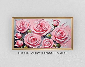 Pink Roses Frame TV Art Painting | Valentines Tv Frame Art | 4k Frame Tv Art | TV Frame Art | Roses Desktop Wallpaper | Frame Tv Art Roses