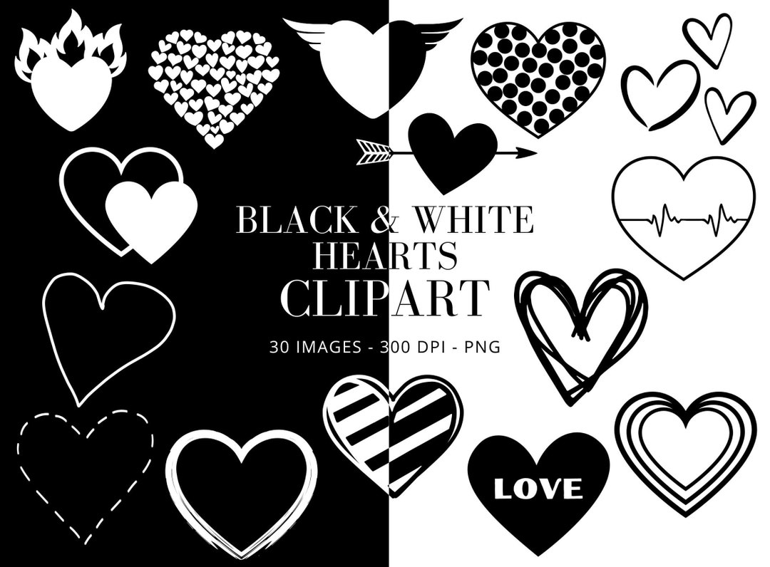 Hand Drawn Heart Clipart: Black and White PNG Bundle (digital Download ...