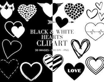 May include: A set of 30 black and white heart clip art images. The hearts are in various styles, including simple outlines, filled-in shapes, and hearts with patterns. The text "BLACK & WHITE HEARTS CLIPART" is included in the image.