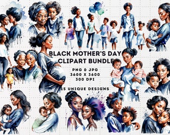 Black Mother's Day Clipart | Black Mother and Daughter Art, Black Mother and Son, mothers day PNG, African American Mom, Watercolor Art