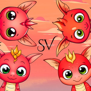 Baby Dragon Clipart Bundle, Dragon PNG, Kawaii Dragon Clipart, Cute Baby Dragons, Red Dragon, Dragon Hatchling PNG Designs for Crafting