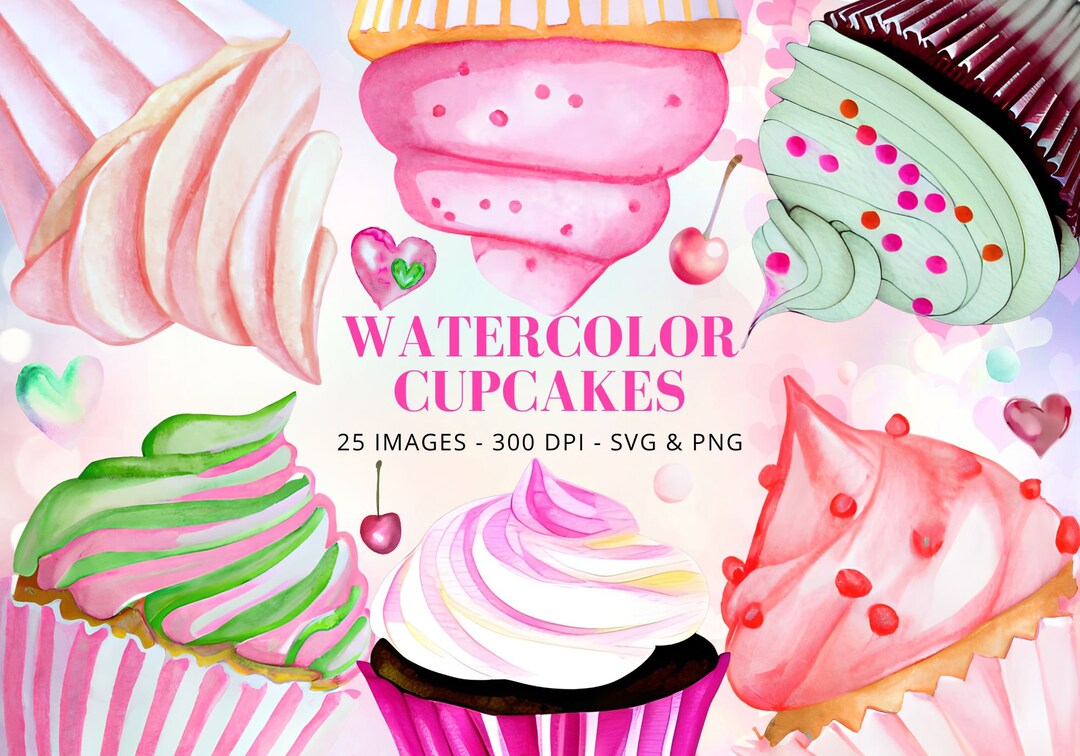 Watercolor Cupcake Clipart: Pink & Mint Dessert PNG Bundle (digital ...
