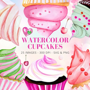 Pink and Mint Watercolor Cupcakes Bundle, Cupcake PNG, Pink Dessert Clipart, Cake png, Dessert PNG, Desert Clipart, PNG Designs for Crafting