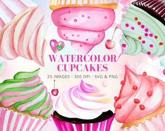 May include: Watercolor illustrations of cupcakes with pink, green, and white frosting. The cupcakes are decorated with sprinkles and cherries. The text "WATERCOLOR CUPCAKES" is written in bold letters with the words "25 IMAGES - 300 DPI - SVG & PNG" below it.