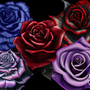 May include: Five stylized roses in shades of blue, red, purple, and black. The roses are arranged in a cluster and have a dark background.