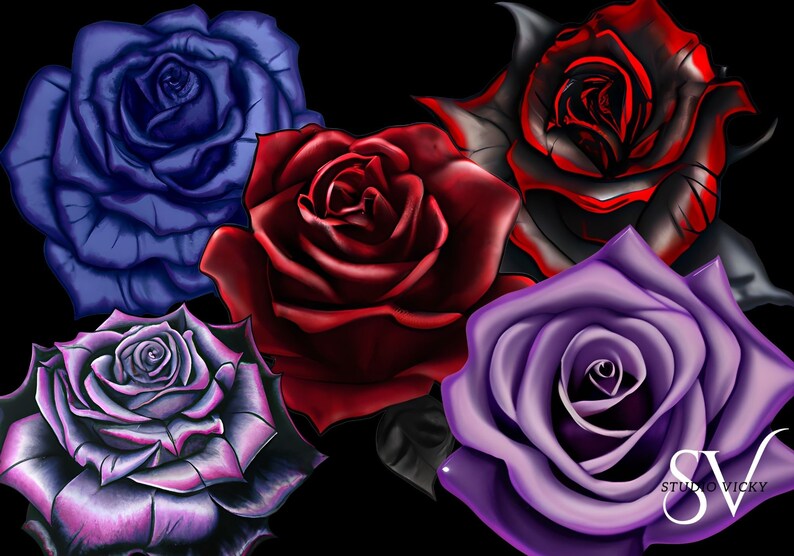 May include: Five stylized roses in shades of blue, red, purple, and black. The roses are arranged in a cluster and have a dark background.