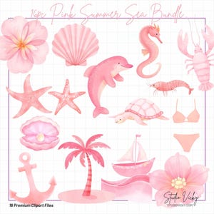 May include: A set of 16 pink watercolour illustrations with summer and sea themes. Includes a flower, seashell, seahorse, lobster, starfish, dolphin, shrimp, turtle, bikini, anchor, palm tree, sailboat, and more. The text reads "16pc Pink Summer Sea Bundle."