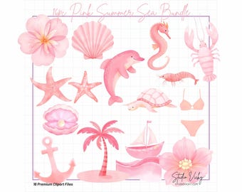 May include: A collection of 16 pink watercolor illustrations featuring summer and sea-themed elements. Includes a flower, seashell, seahorse, lobster, starfish, dolphin, shrimp, turtle, bikini, anchor, palm tree, sailboat, and more. The text reads "16pc Pink Summer Sea Bundle."