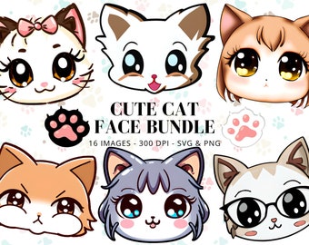 Cute Cat Face SVG & PNG Bundle - 16 Kawaii Cat SVG Face Textures - Perfect for Sublimation and Cut Projects