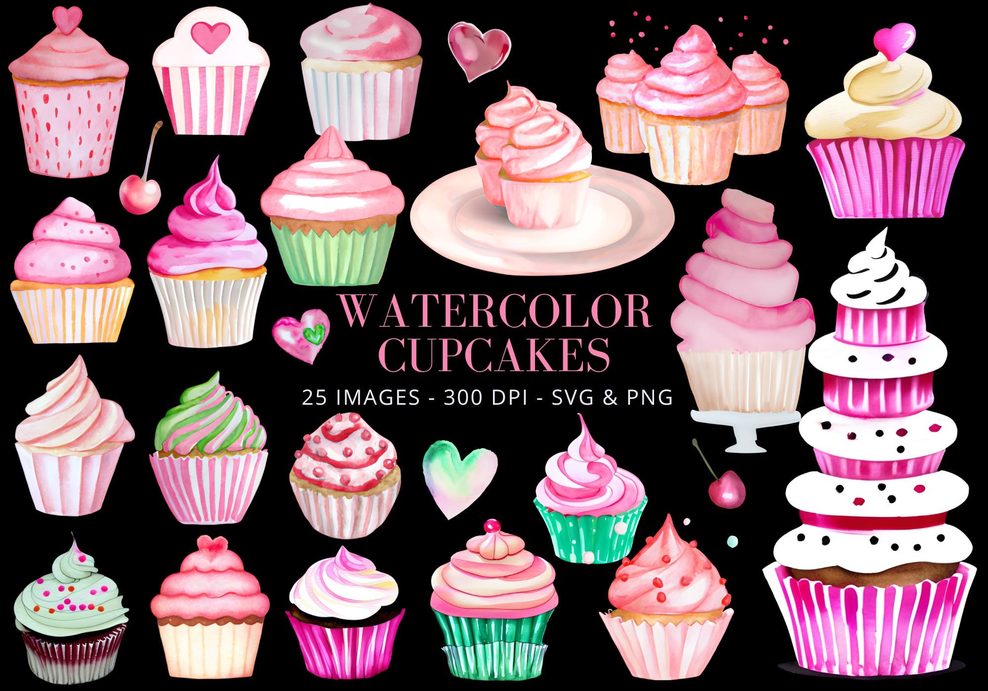 Watercolor Cupcake Clipart: Pink & Mint Dessert PNG Bundle (digital ...