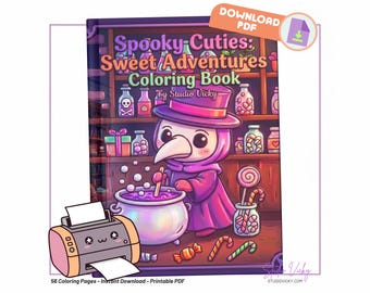 May include: A digital download coloring book titled "Spooky Cuties: Sweet Adventures Coloring Book" by Studio Vicky. The cover features a cartoon character in a purple plague doctor outfit, stirring a cauldron. The image includes a printer and candy.