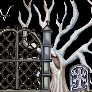 May include: A black metal gate with a diamond pattern, flanked by two gray stone pillars, set against a backdrop of a white skeletal tree and a gray stone tombstone with a cross.