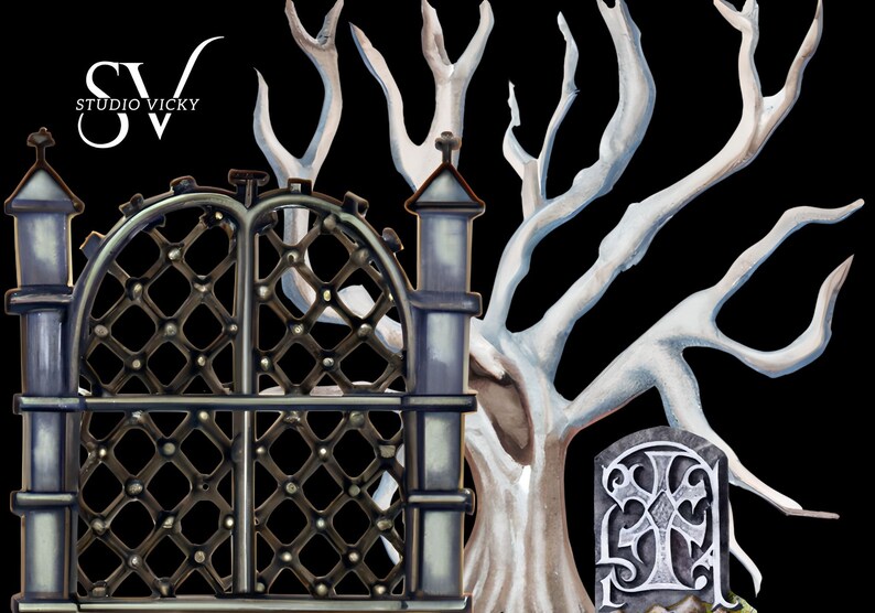 May include: A black metal gate with a diamond pattern, flanked by two gray stone pillars, set against a backdrop of a white skeletal tree and a gray stone tombstone with a cross.