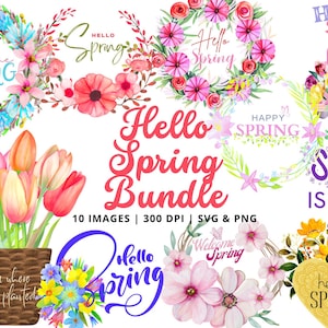 May include: A digital illustration bundle of 10 spring-themed images featuring floral wreaths, tulips, and text that says "Hello Spring" and "Welcome Spring". The images are in a watercolor style and are perfect for crafting and design projects.