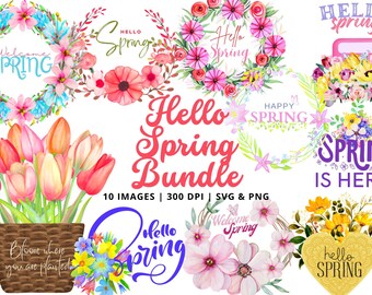 May include: A digital illustration bundle of 10 spring-themed images featuring floral wreaths, tulips, and text that says "Hello Spring" and "Welcome Spring". The images are in a watercolor style and are perfect for crafting and design projects.