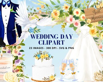 May include: A watercolor illustration set for wedding day clipart. The set includes a white wedding dress, a blue tuxedo, a wedding cake with flowers, champagne flutes, a dove, flowers, and a sign that says "Just Married".