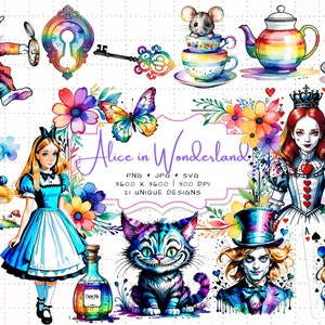 Alice In Wonderland Clipart PNG Alice Illustration Queen of Hearts PNG Mad Hatter Clipart White Rabbit PNG Wonderland Storybook Clipart Cat