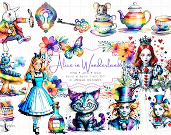 水彩画「不思議の国のアリス」クリップアート：ストーリーブック PNG セット（デジタルダウンロード）