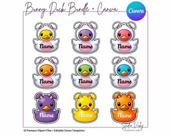 May include: A collection of twelve cartoon duck illustrations, each wearing a bunny costume in various colors. Each duck has a name tag. The image includes the text "Bunny Duck Bundle + Canva" and "12 Premium Clipart Files + Editable Canva Templates."