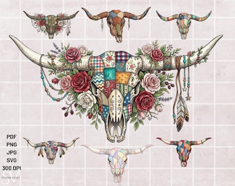 May include: A digital illustration featuring several bull skulls with long horns. The central skull is adorned with a patchwork design, roses, and feathers. Other skulls showcase colorful patterns. The background is a light pink grid.