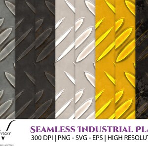 May include: Five seamless patterns of industrial metal plating in different colors: gray, black, white, yellow, and a distressed black. The patterns are high resolution and 300 DPI.  The text "SEAMLESS INDUSTRIAL PLATE" and "300 DPI | PNG - SVG - EPS | HIGH RESOLUTION" is at the bottom of the image.