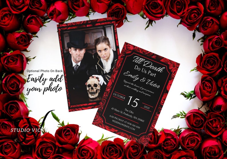 Gothic Rose Wedding Invitation Template, Instant Download, Canva Template, Customizable Wedding Invitation, DIY Wedding Invitations image 2