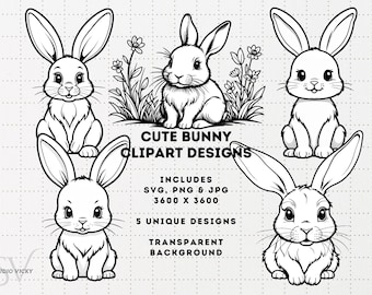 Cute Bunny Clipart Designs, Bunny PNG, Bunny SVG, Bunny JPG, Bunny Sublimation Files, Five Bunny Rabbit Clipart Designs