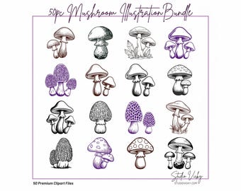 50 Whimsical Mushroom Illustrations, Clipart Bundle (png, jpg, svg, pdf)