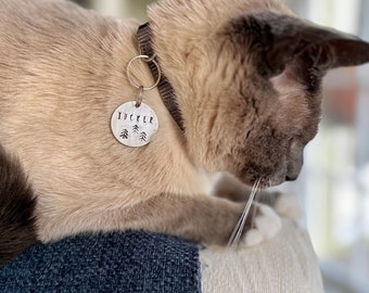 Simple cat tag for cats, Personalized cat name tag, Hand stamped cat ID tag, Cat collar tag, Custom pet identification tag