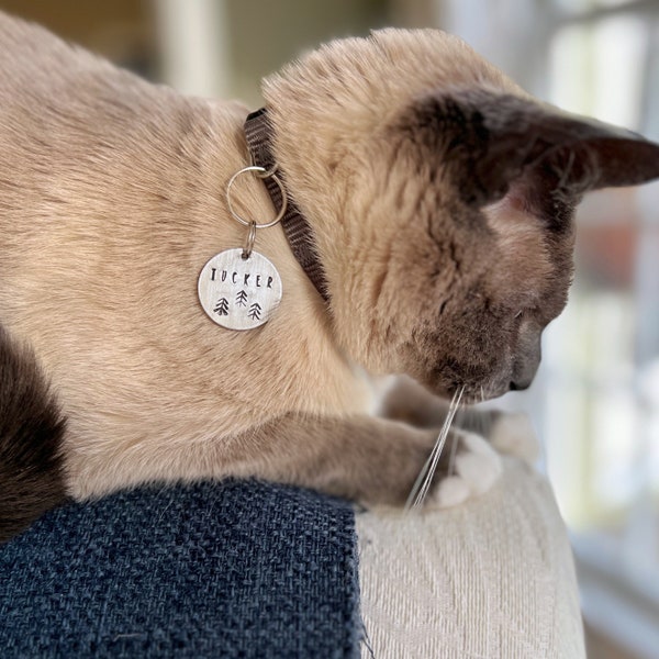 Simple cat tag for cats, Personalized cat name tag, Hand stamped cat ID tag, Cat collar tag, Custom pet identification tag