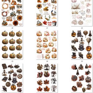 May include: A set of 10 digital printable fall themed stickers featuring pumpkins, leaves, owls, and other fall elements. The stickers are perfect for adding a touch of fall to your crafts, planners, and more.