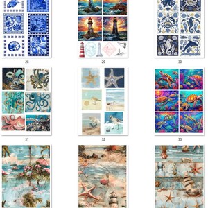 FREE SHIPPING USA Nautical Paper, Nautical Ephemera, Coasters, Beach Decoupage, Shell Paper, Beach Ephemera, Sealife Nautical PNGs 2 28-36