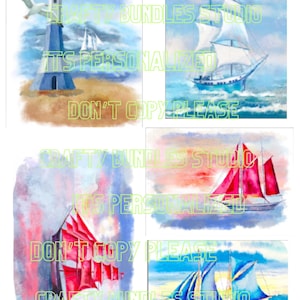 May include: Four watercolor paintings of nautical scenes. The first image shows a lighthouse on a sandy beach with seagulls flying overhead. The second image shows a white sailboat with blue sails on the ocean. The third image shows a red sailboat with white sails on the ocean. The fourth image shows a blue sailboat with white sails on the ocean.